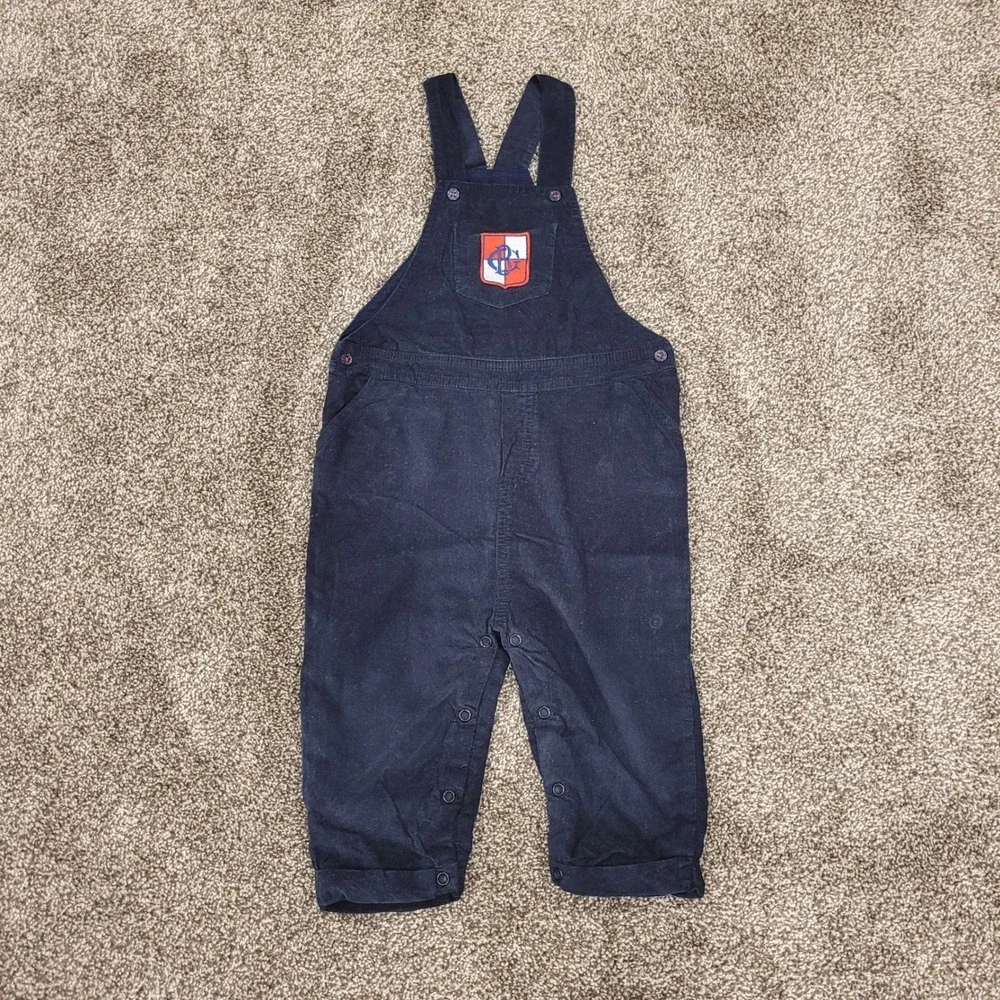 Beatrice & George Navy Blue Corduroy Overalls Crest Patch 24 Months B08-0033